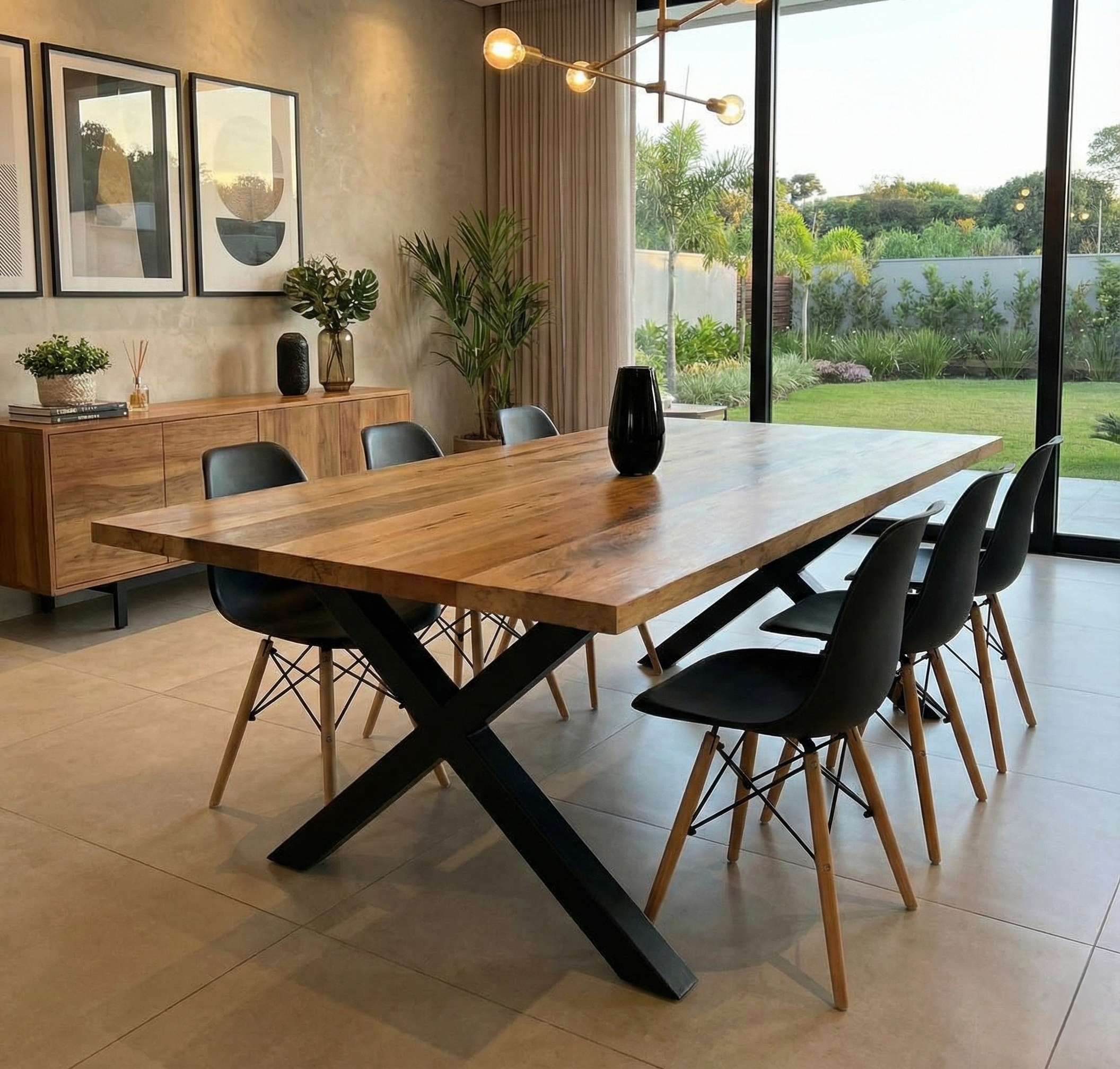 Mesa madera pata X interior moderno